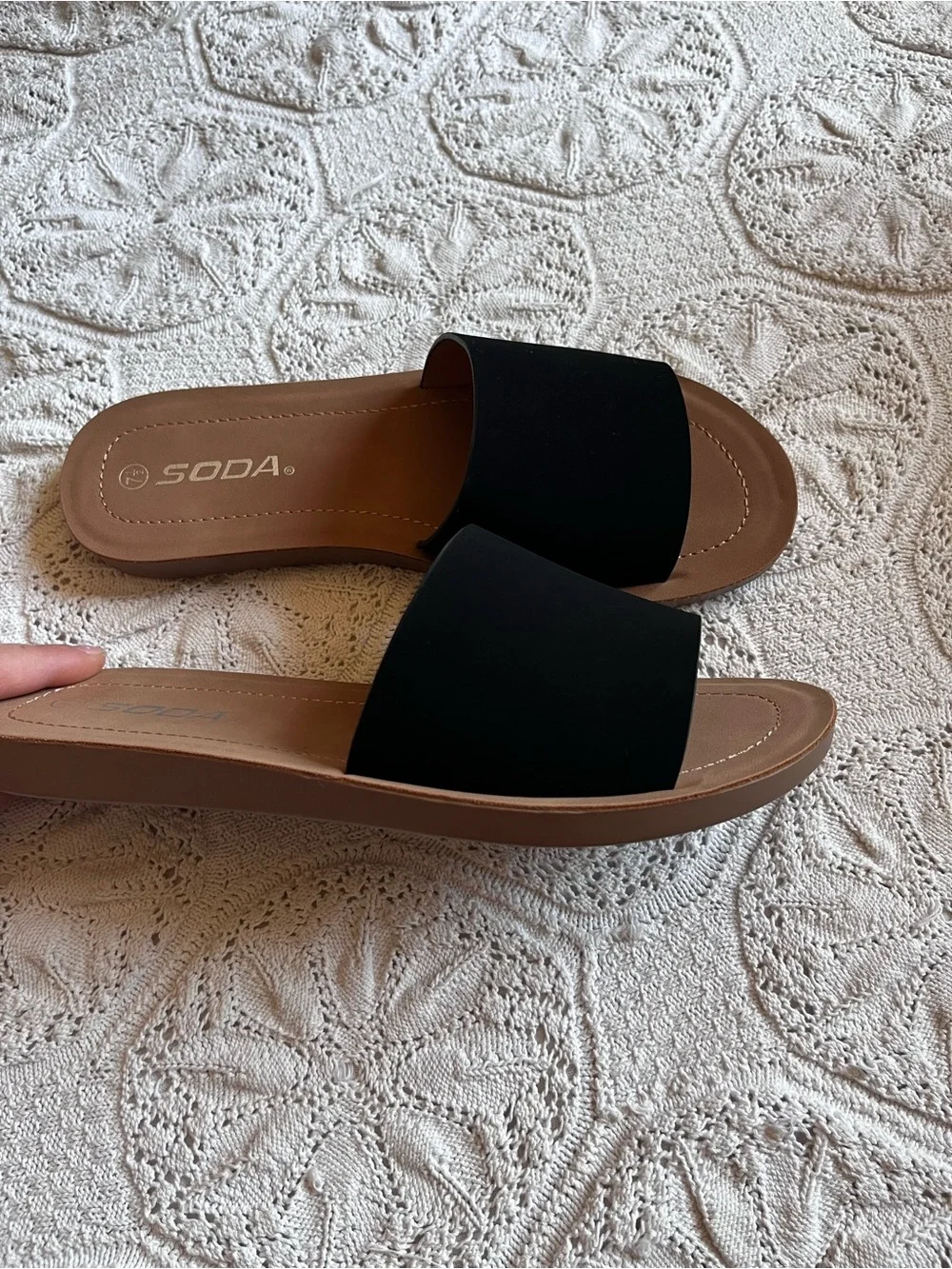 NWT Soda slide sandals black brown faux suede slip on Efron open toe flats